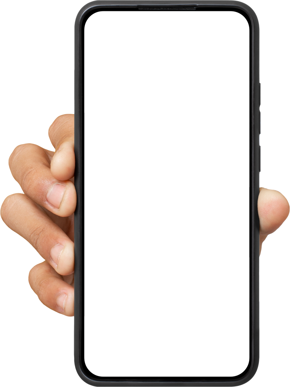 hand holding black smartphone with white screen